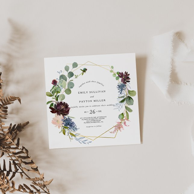 Invitación Boda de flores y vegetación de Borgoña (Subido por el creador)