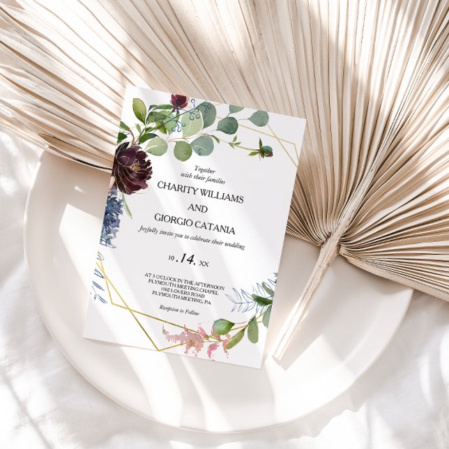 Invitación Boda de flores y vegetación de Borgoña (Subido por el creador)
