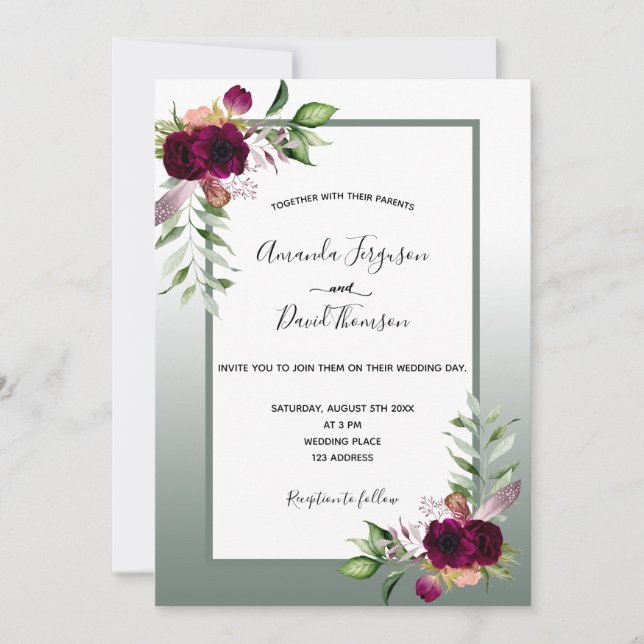 Invitación Boda de florines de bogo verde sabio (Anverso)