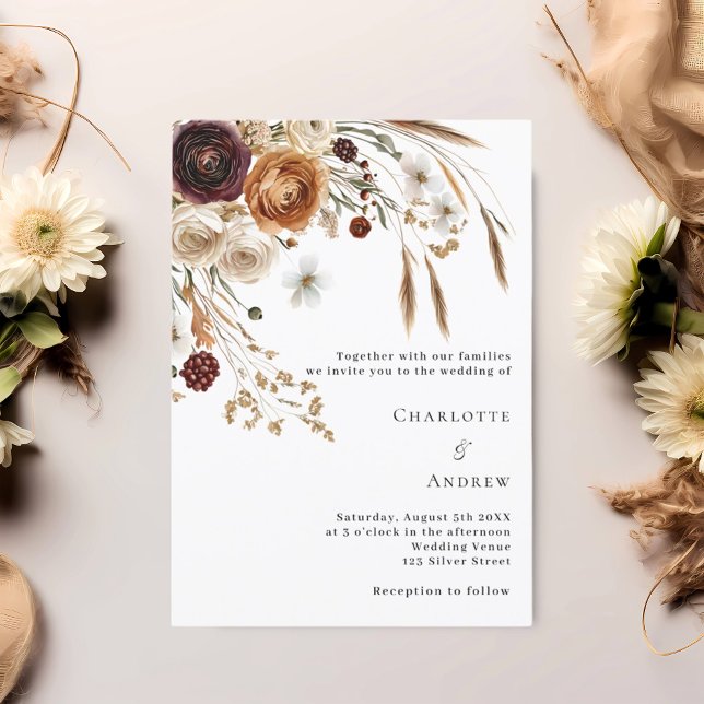 Invitación Boda de florines de pampas beige borgoña (Subido por el creador)