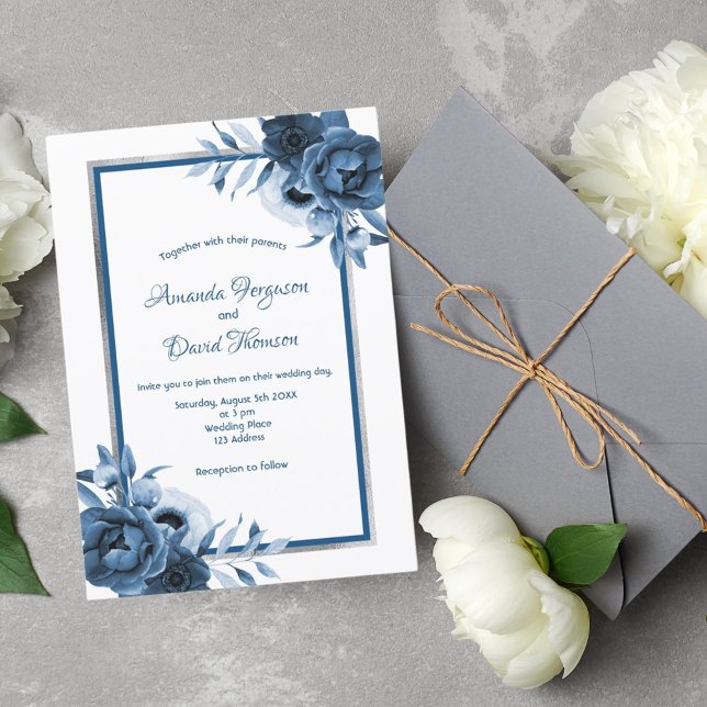 Invitación Boda de florines de plata blanca azul clásico (Subido por el creador)