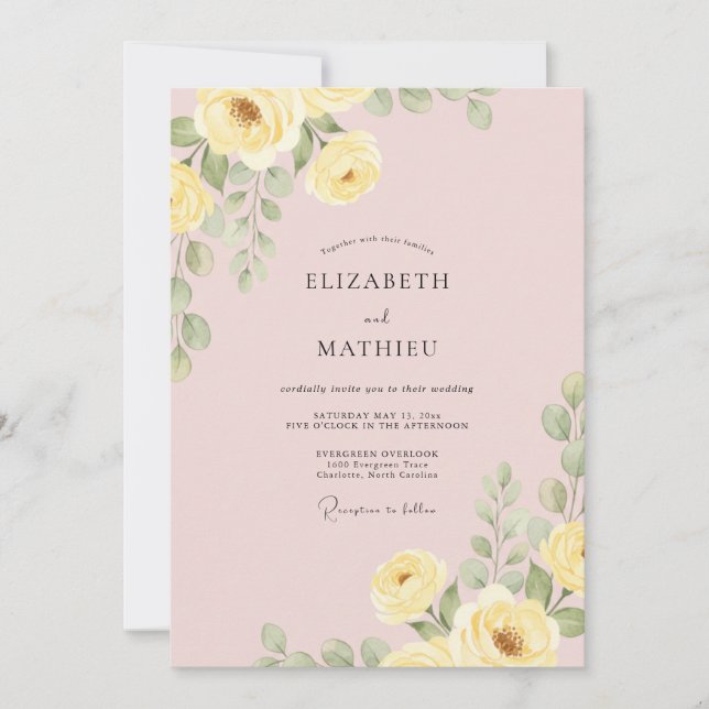 Invitación Boda de floritura botánica amarilla suave (Anverso)