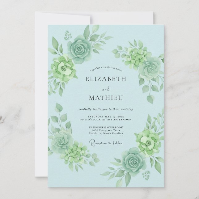 Invitación Boda de floritura botánica azul cielo (Anverso)