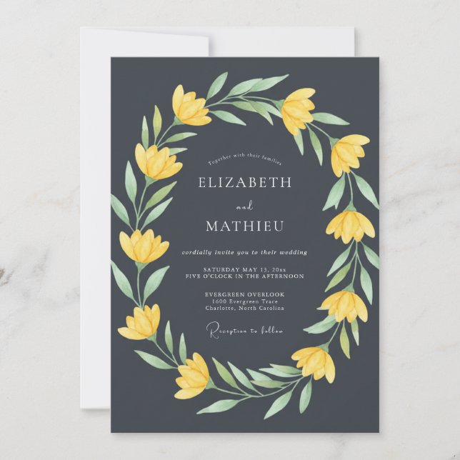 Invitación Boda de floritura botánica de amarillo carbón (Anverso)