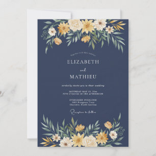 Invitación Boda de floritura floral amarilla de la marina