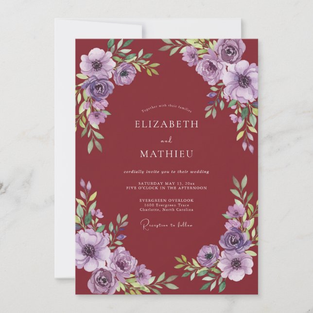 Invitación Boda de floritura floral granate (Anverso)