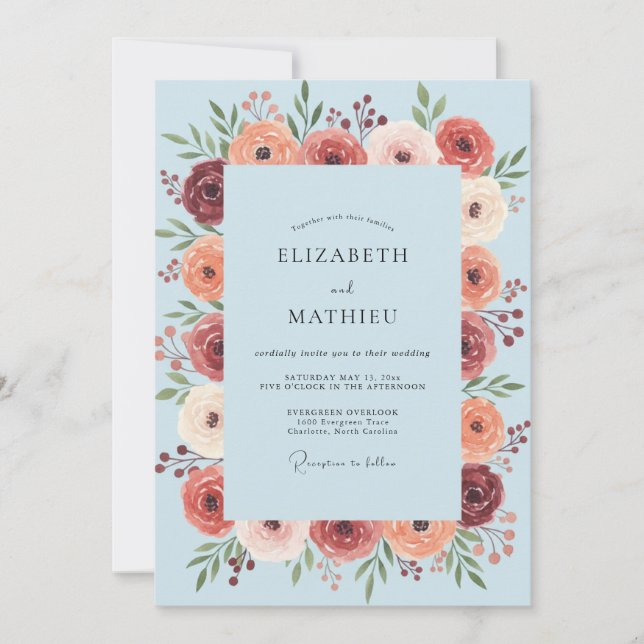Invitación Boda de florituras florales azul claro (Anverso)