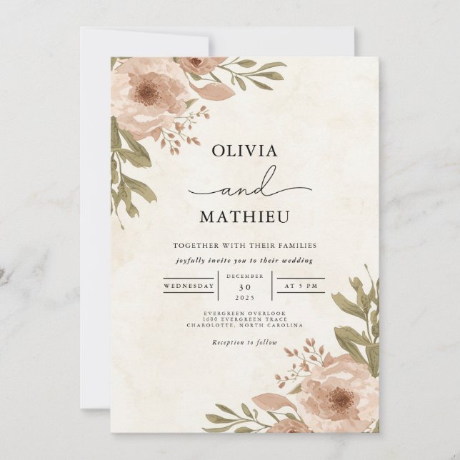 Invitación Boda de Flourish Botánico de Rubor suave (Anverso)