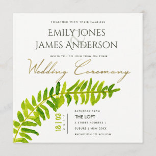 INVITACIÓN BODA DE FOLIAGE DE HELECHO DE ACUARELA ORO VERDE