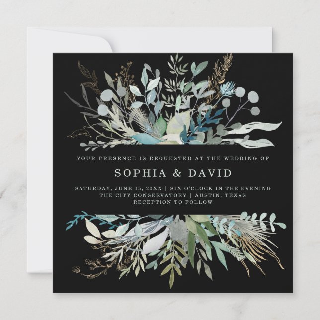 Invitación Boda de Foliage de Woodland | Negro (Anverso)