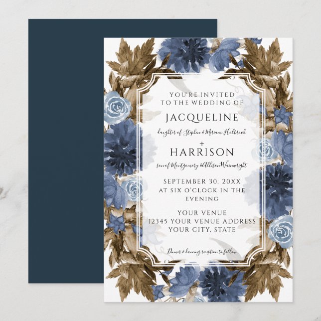 Invitación Boda de Foliage floral azul de la Marina (Anverso / Reverso)