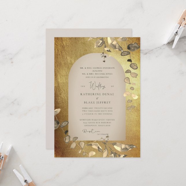 Invitación Boda de Foliage Geométrico Metálico Gold & Beige (Anverso/Reverso In Situ)