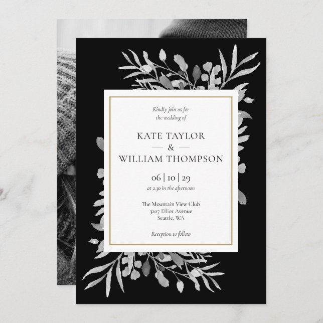 Invitación Boda De Foliage Moderno En Blanco Y Negro (Anverso / Reverso)