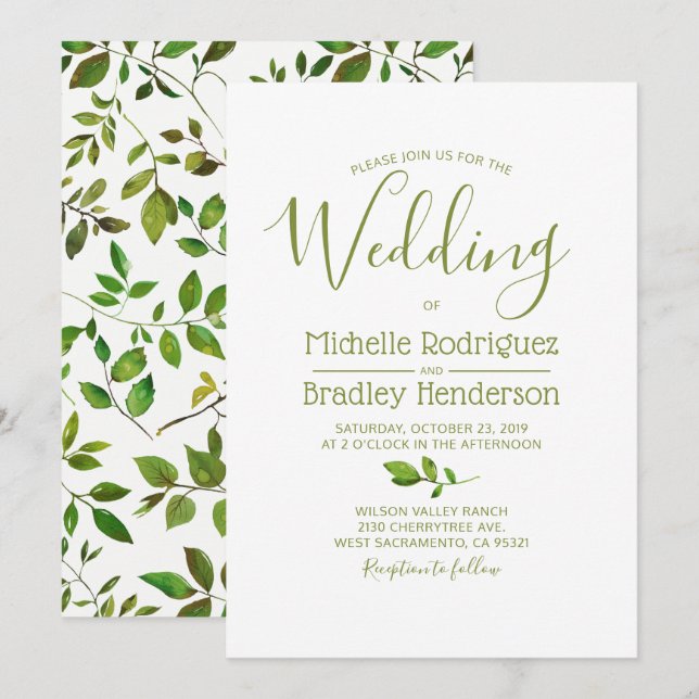 Invitación Boda de Foliaje de Acuarela de Vegetación de Árbol (Anverso / Reverso)
