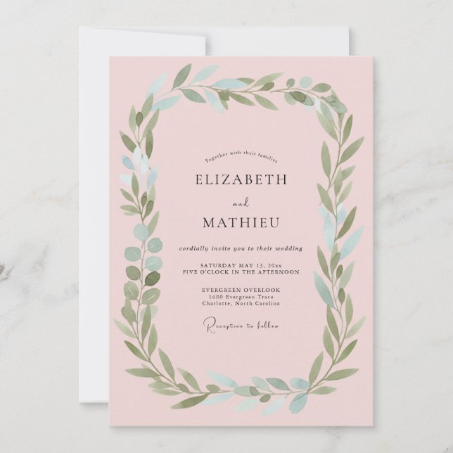 Invitación Boda de Foliaje Etéreo Rosa Sonrojado (Anverso)