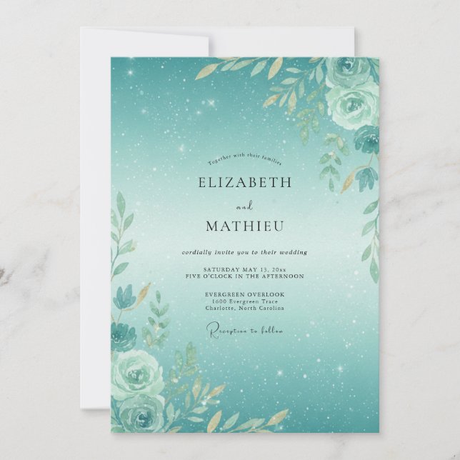 Invitación Boda de follaje acuarela espuma de mar (Anverso)