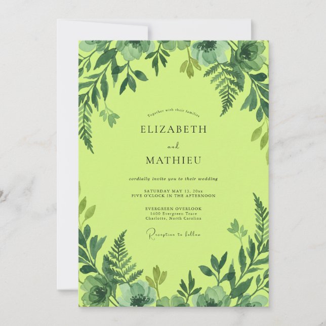 Invitación Boda de follaje acuarela lima (Anverso)