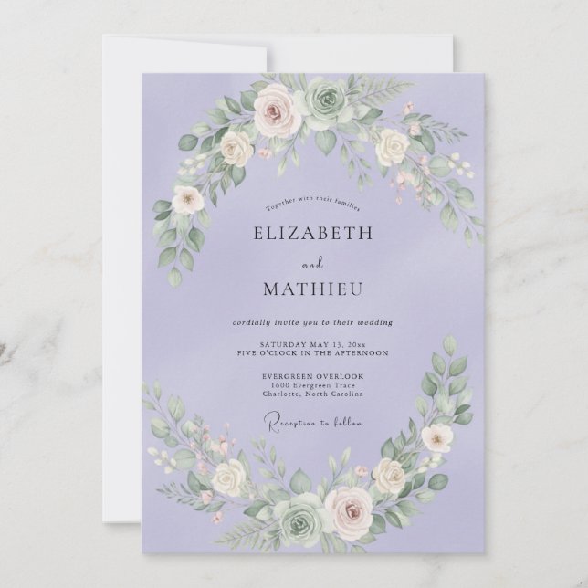 Invitación Boda de follaje acuarela pervinca (Anverso)