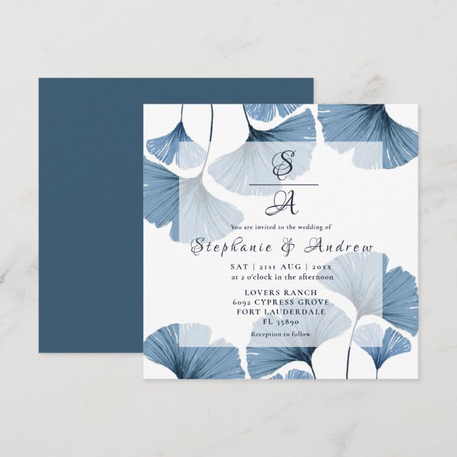 Invitación Boda de follaje azul y blanco moderno (Anverso / Reverso)