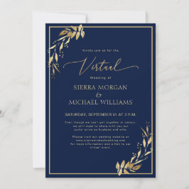 Invitación Boda de follaje azul y dorado de la marina virtual