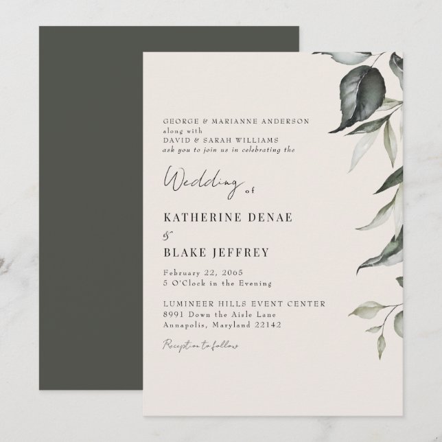 Invitación Boda de follaje botánico de champán (Anverso / Reverso)