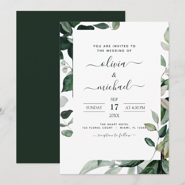 Invitación Boda de follaje botánico de presupuesto (Anverso / Reverso)