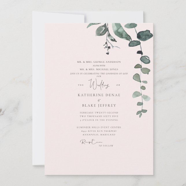 Invitación Boda de follaje botánico elegante rubor (Anverso)
