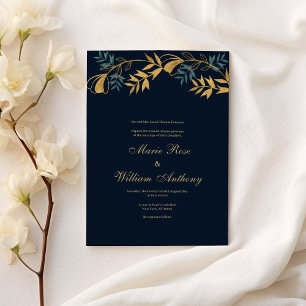 Invitación Boda de follaje cian gris de oro azul marino
