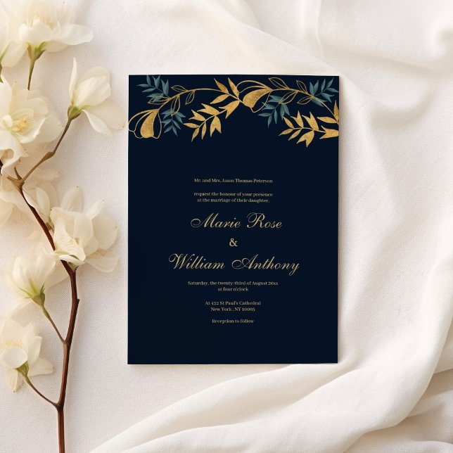 Invitación Boda de follaje cian gris de oro azul marino (Navy blue gold grayish cyan foliage Wedding )