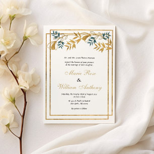 Invitación Boda de follaje cian gris de oro blanco geométrico