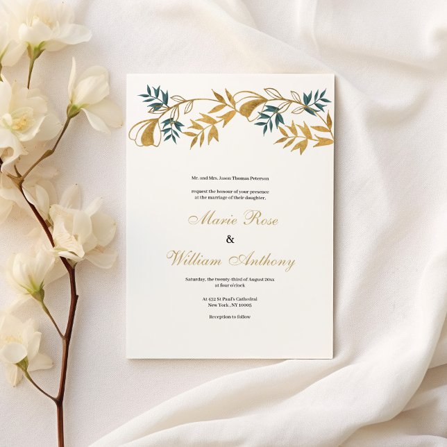 Invitación Boda de follaje ciano de oro blanco de lujo (Luxury white gold grayish cyan foliage Wedding)