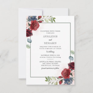 Invitación Boda de follaje con acuarela floral de Borgoña