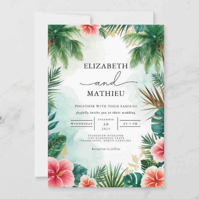 Invitación Boda de follaje de arco tropical (Anverso)