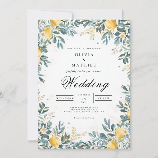 Invitación Boda de Follaje de Cítrico Dorado (Anverso)