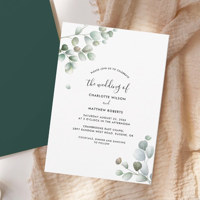 Invitación Boda de follaje de eucalipto botánico ruso (Rustic Eucalyptus Greenery Watercolor Foliage Wedding Invitation)