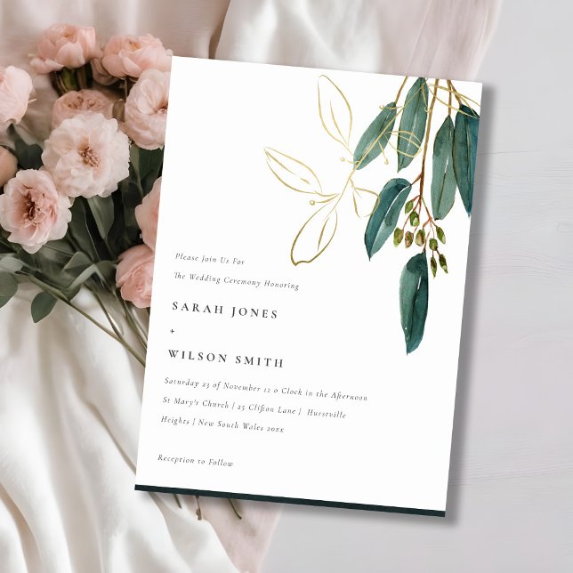 Invitación Boda de follaje de Eucalipto Verde de Oro Simple (Subido por el creador)