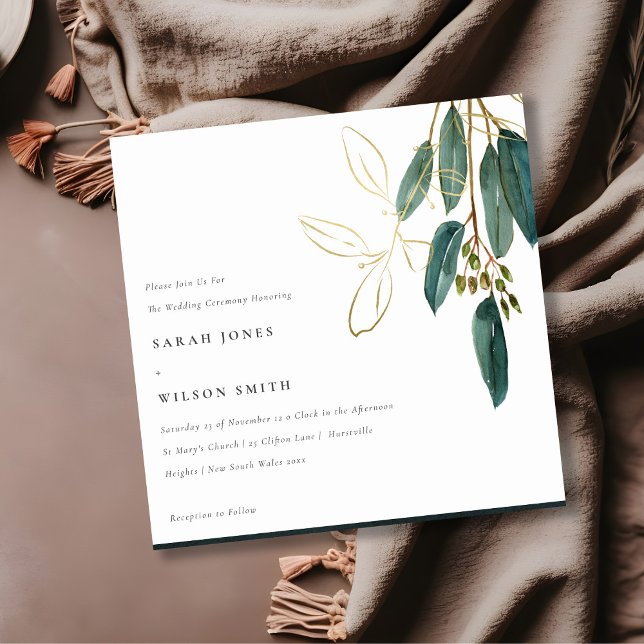 Invitación Boda de follaje de Eucalipto Verde de Oro Simple (Subido por el creador)