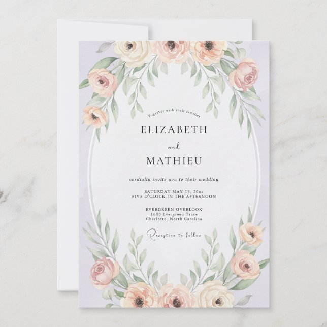 Invitación Boda de follaje de flor de rubor (Anverso)