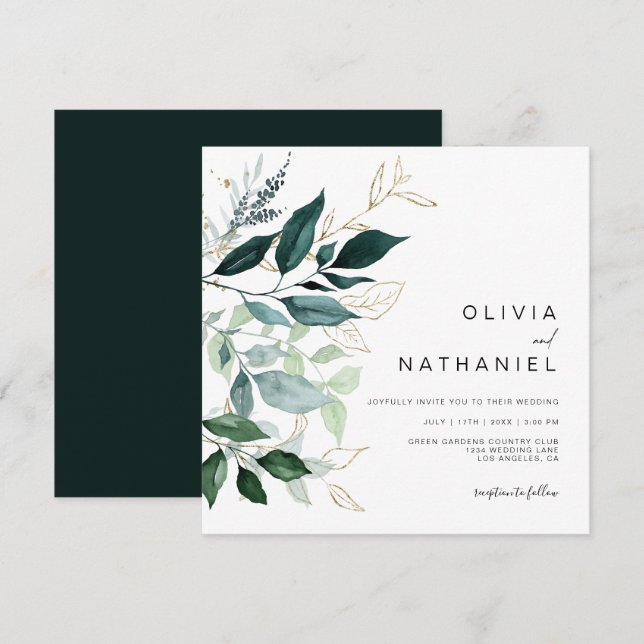 Invitación Boda de follaje de hoja de oro de Emerald Greenery (Anverso / Reverso)