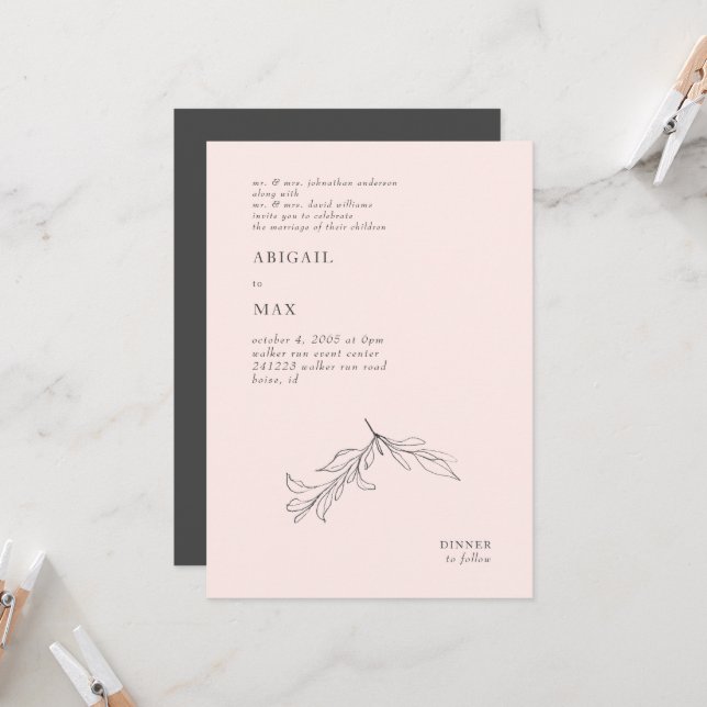 Invitación Boda de follaje de lápiz rosa y gris moderno (Anverso/Reverso In Situ)