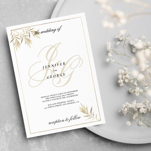 Invitación Boda de follaje de las iniciales del monograma de  (White gold monogram initials foliage Wedding )