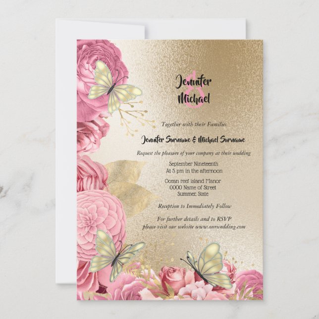 Invitación Boda de follaje de mariposa de oro rosa rosado (Anverso)