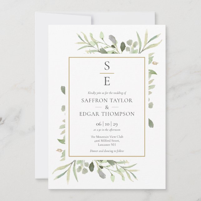 Invitación Boda de follaje de monograma inicial de vegetación (Anverso)