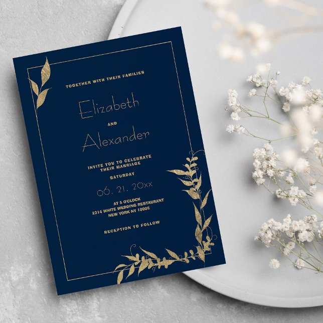 Invitación Boda de follaje de oro azul marino de lujo (Luxury navy blue gold foliage Wedding )