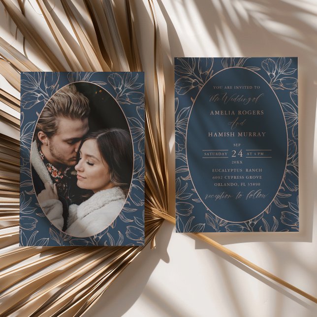 Invitación Boda de follaje de oro azul y Rosa moderno (Subido por el creador)