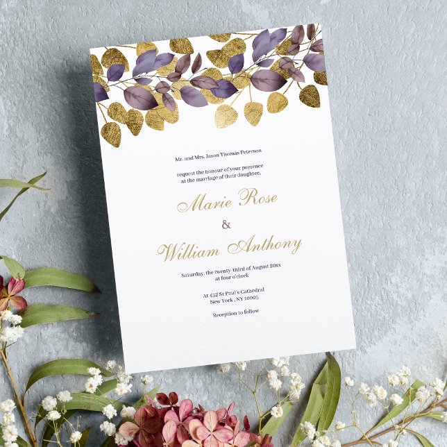 Invitación Boda de follaje de oro morado (Abstract purple brown gold foliage Wedding )