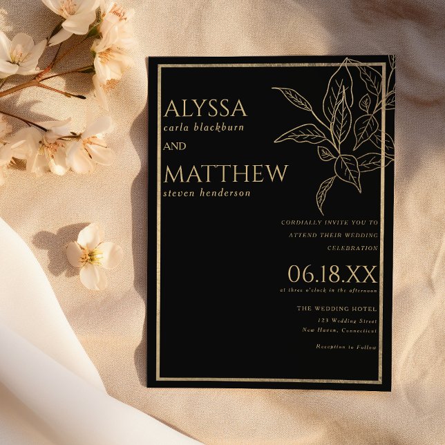 Invitación Boda de follaje de oro simple y negro de lujo (Luxury simple and black gold foliage wedding )
