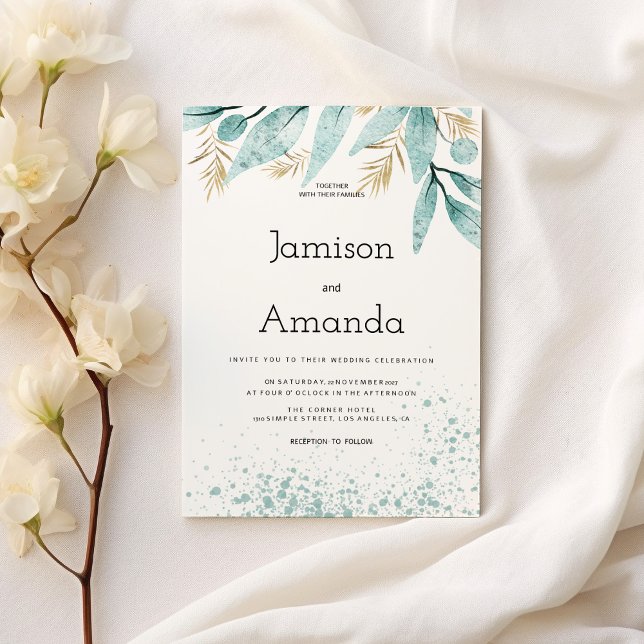 Invitación Boda de follaje de oro verde de menta acuarela (Watercolor mint green gold foliage Wedding )
