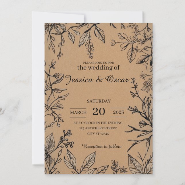Invitación Boda de follaje de papel Kraft botánico ruso (Anverso)