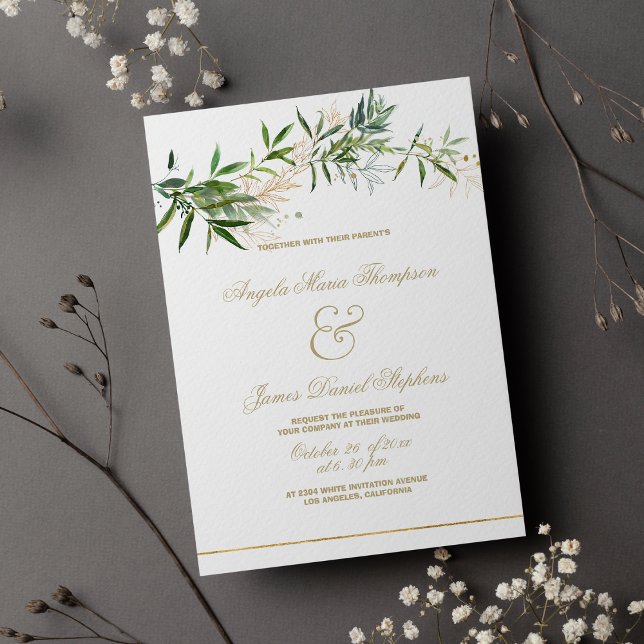 Invitación Boda de follaje de purpurina dorado verde blanco (Classy white green gold glitter foliage wedding )